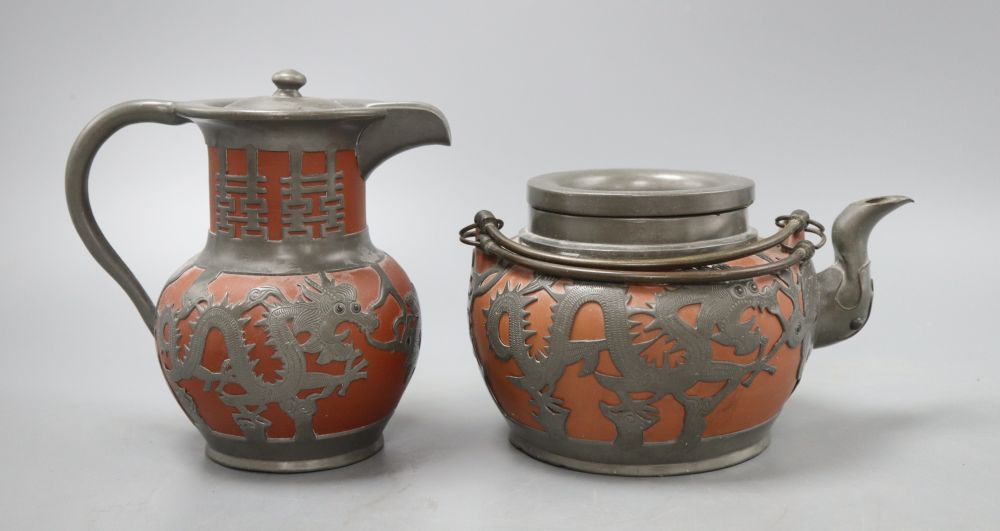 A Chinese Yi Xing teapot and hot water pot, tallest 15cm